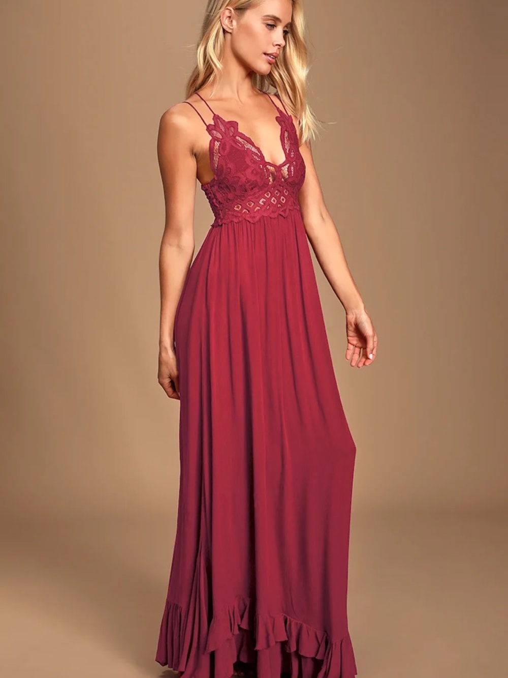 Free People Burgundy Lace Adella Maxi Dress
